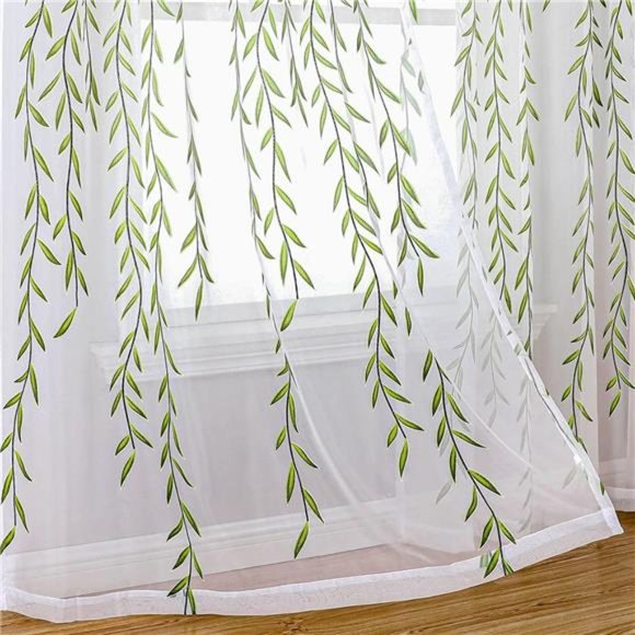 Green Pattern Sheer Curtains,Printed Sheer Bedroom Curtain 2 Panels Vine Leaf - Picture 1 of 6